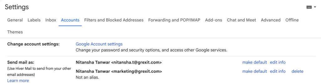 Account settings in Gmail